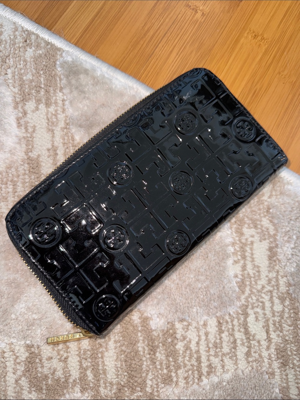 Tory Burch Black Patent Logo Zip-Around Wallet with Gold Zip